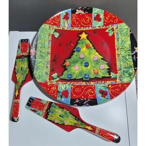 Christmas Dessert Plate Set With 2 Serving Spatulas Microwave Dishwasher Safe